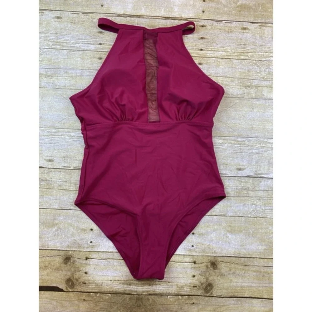Women's High Cut One Piece Bathing Suit Dark Red Women's Size Medium‎ Halter
